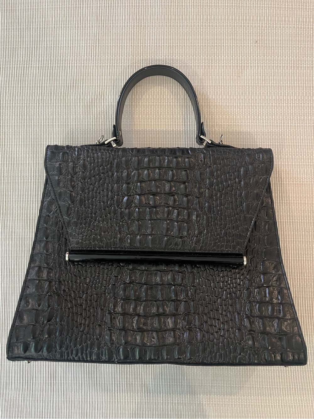 Black Croc-Texture Top Handle Shoulder Bag - Picture 3 of 16